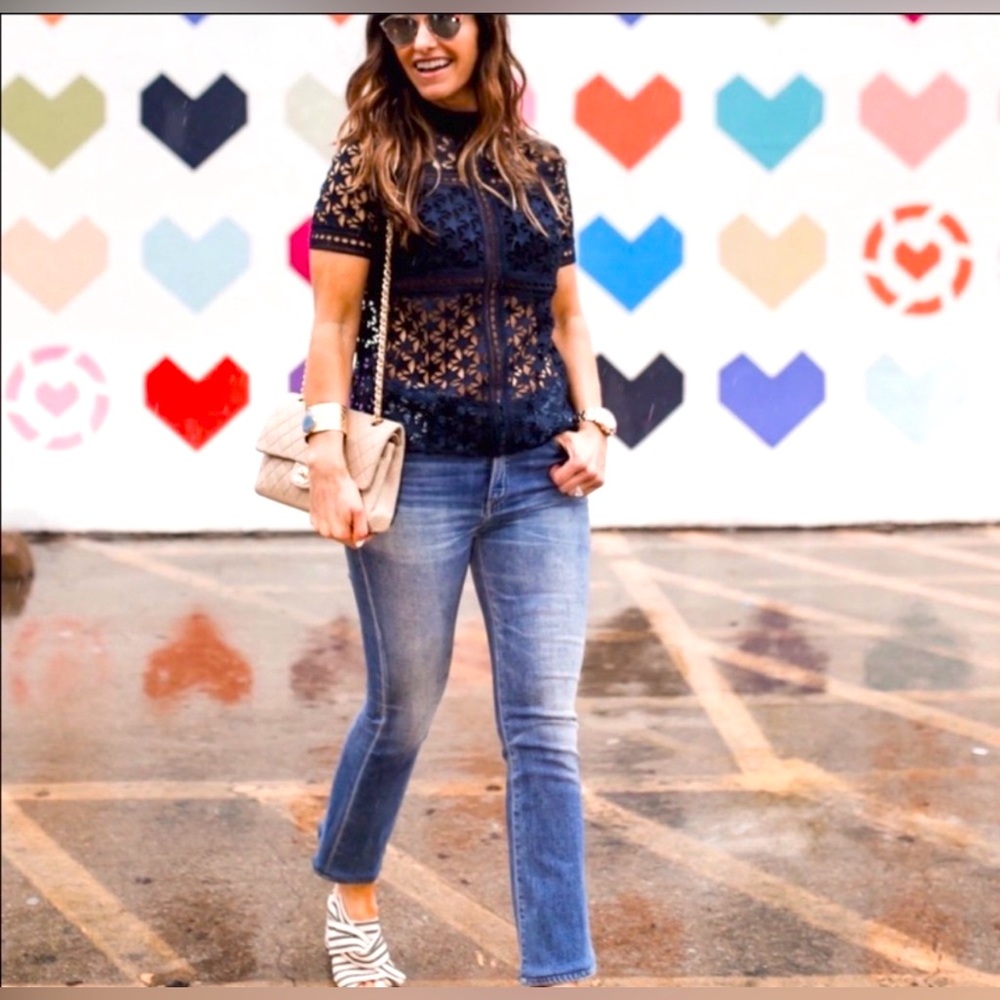 Self-Portrait Star Repeat Lace Top Navy Sheer Designer Blouse Chic